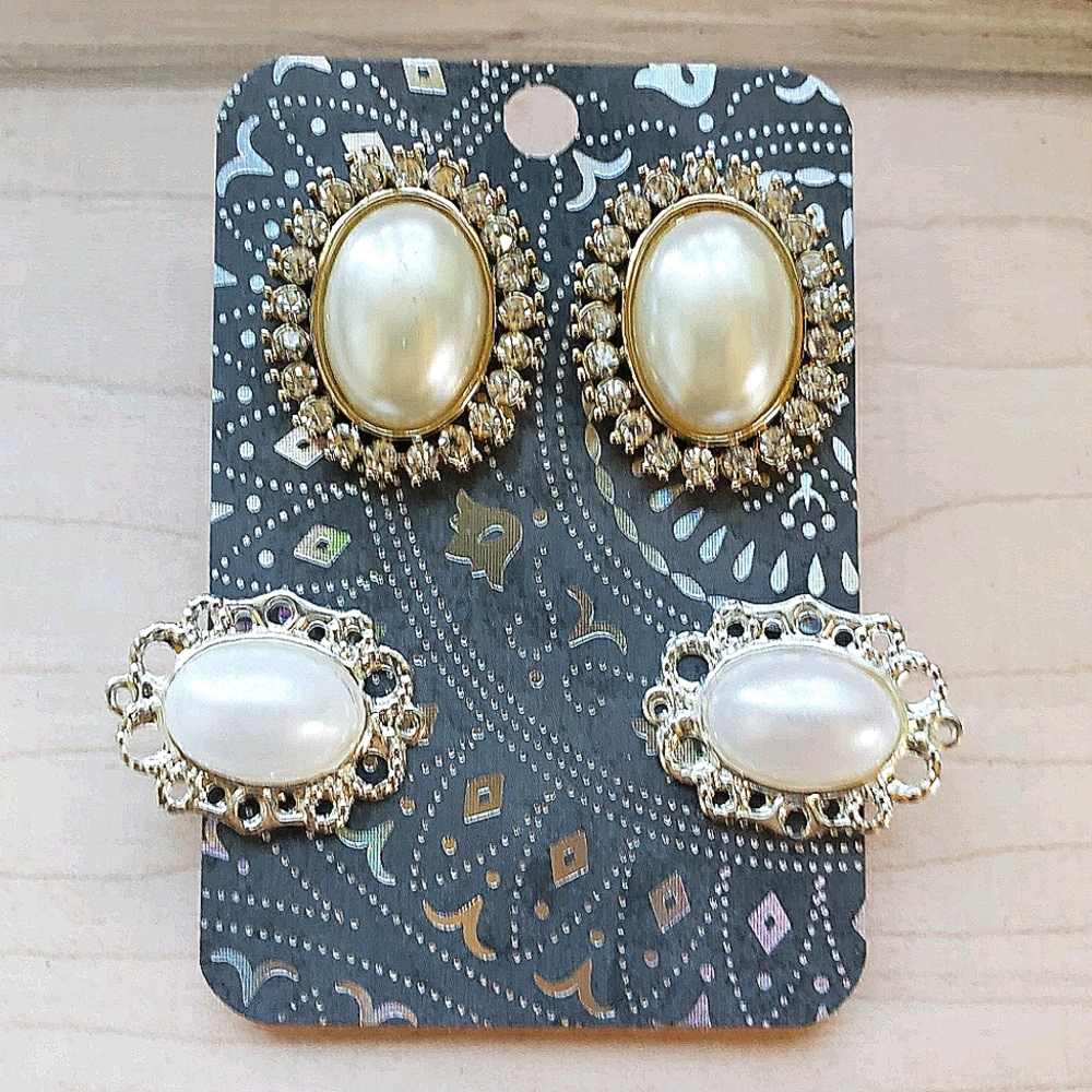 2 Pair Faux Pearl Crystal Earrings Gold Silver …